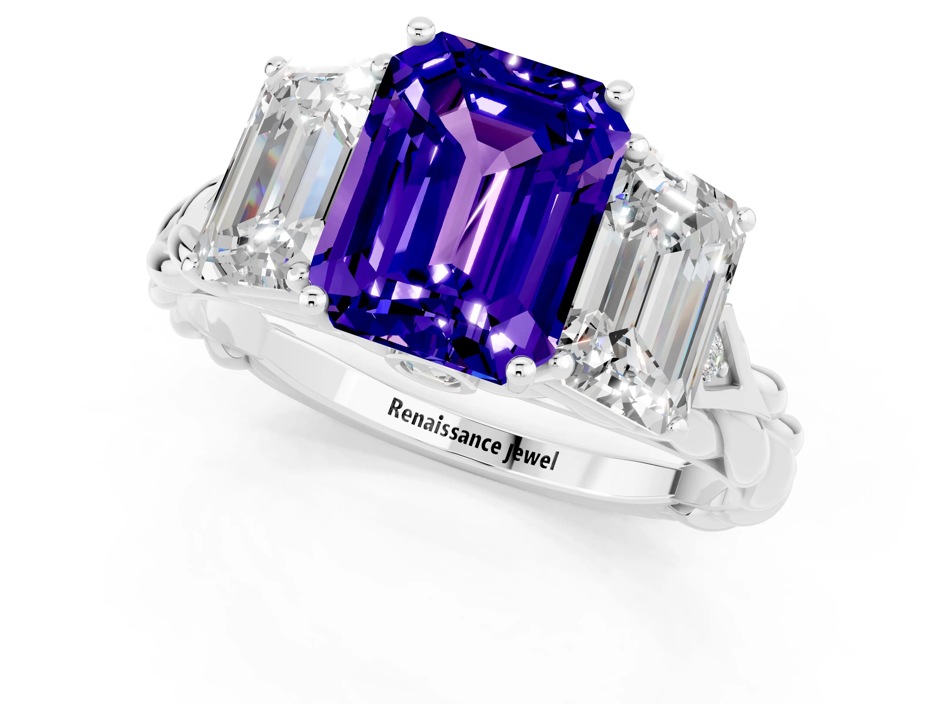 White gold Three-Stone Emerald Cut Tanzanite Braided Band Ring with Four-Prong Setting_37