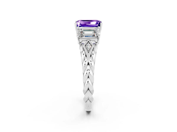 Platinum Three-Stone Emerald Cut Tanzanite Braided Band Ring with Four-Prong Setting
