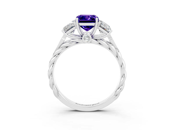 Silver Three-Stone Emerald Cut Tanzanite Braided Band Ring with Four-Prong Setting