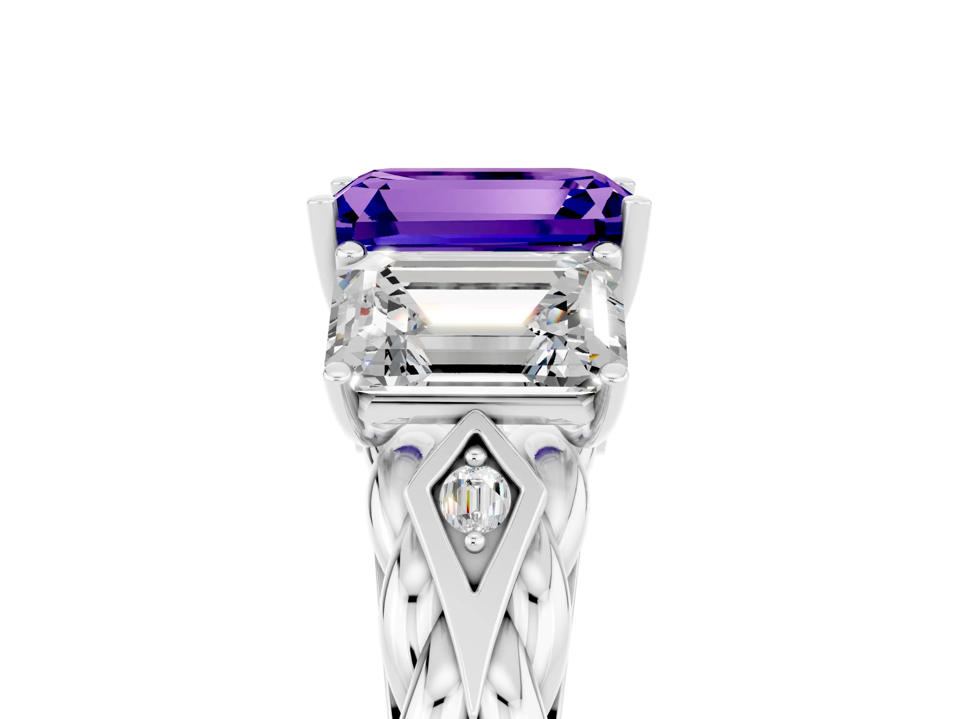 White gold Three-Stone Emerald Cut Tanzanite Braided Band Ring with Four-Prong Setting_41