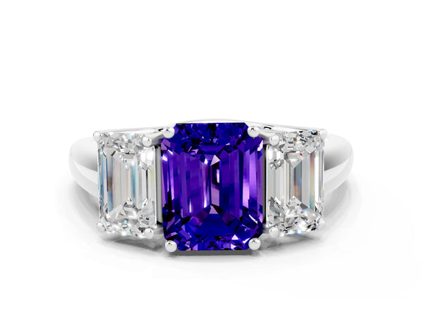 Platinum Three-Stone Emerald Cut Tanzanite Engagement Ring with Prong Setting