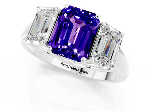 White gold Three-Stone Emerald Cut Tanzanite Engagement Ring with Prong Setting_1