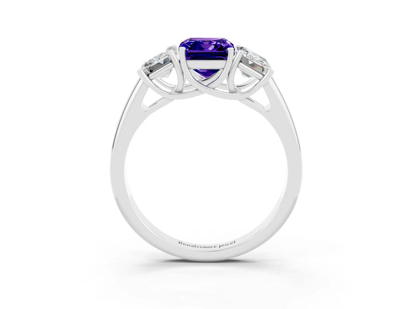 White gold Three-Stone Emerald Cut Tanzanite Engagement Ring with Prong Setting