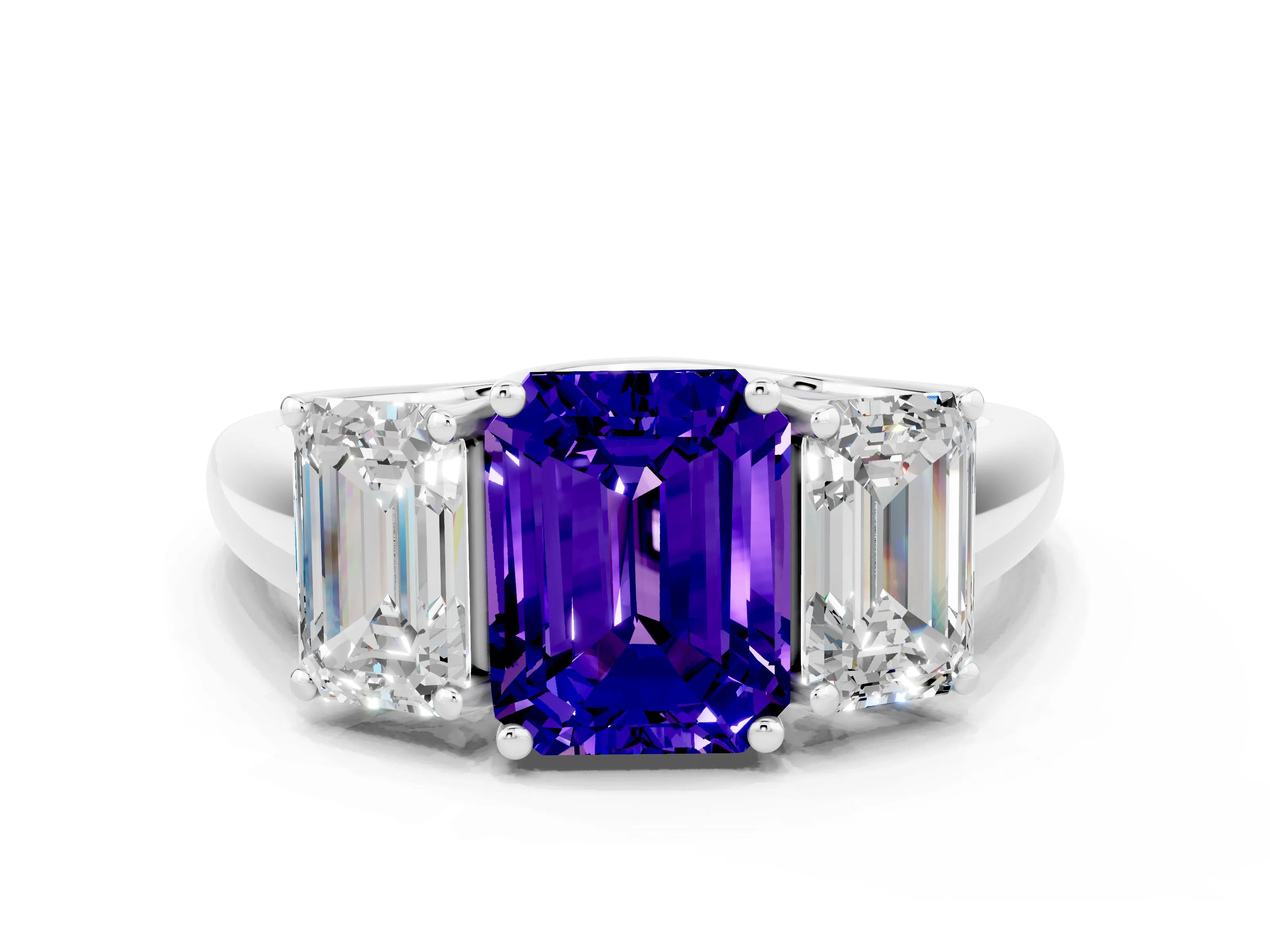White gold Three-Stone Emerald Cut Tanzanite Engagement Ring with Prong Setting