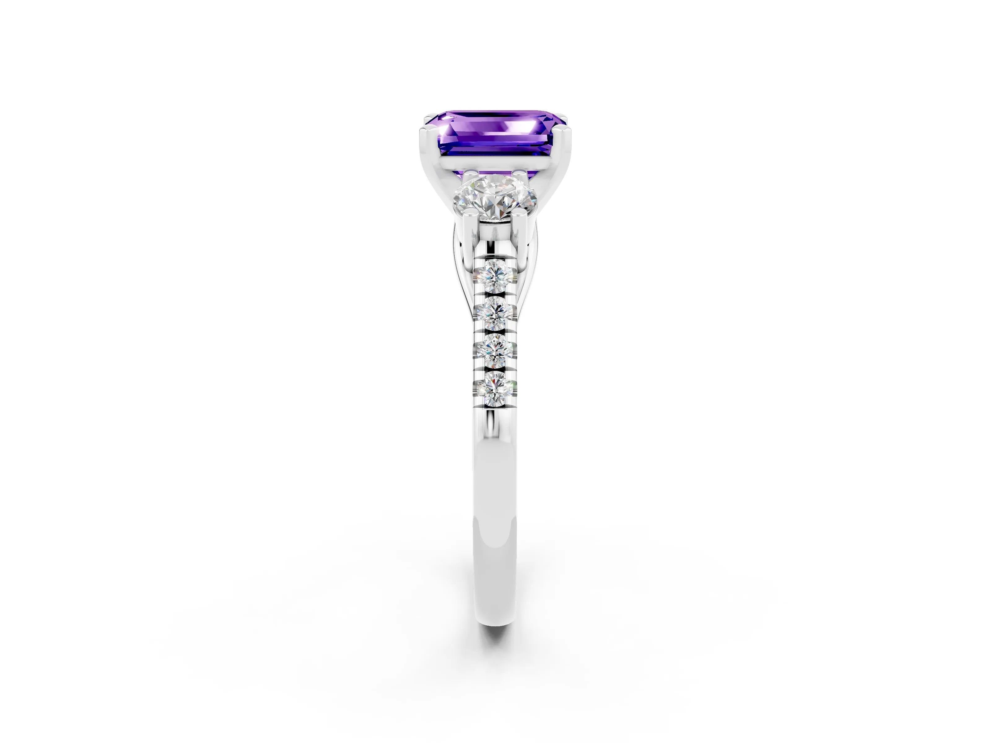 White gold Three-Stone Emerald Cut Tanzanite Pavé Band with Four-Prong Setting_2