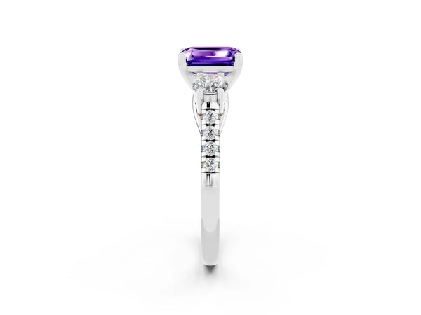 White gold Three-Stone Emerald Cut Tanzanite Pavé Band with Four-Prong Setting