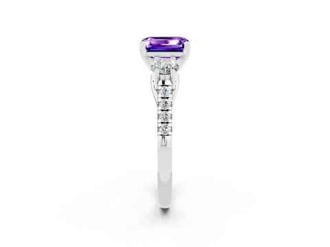 White gold Three-Stone Emerald Cut Tanzanite Pavé Band with Four-Prong Setting_2