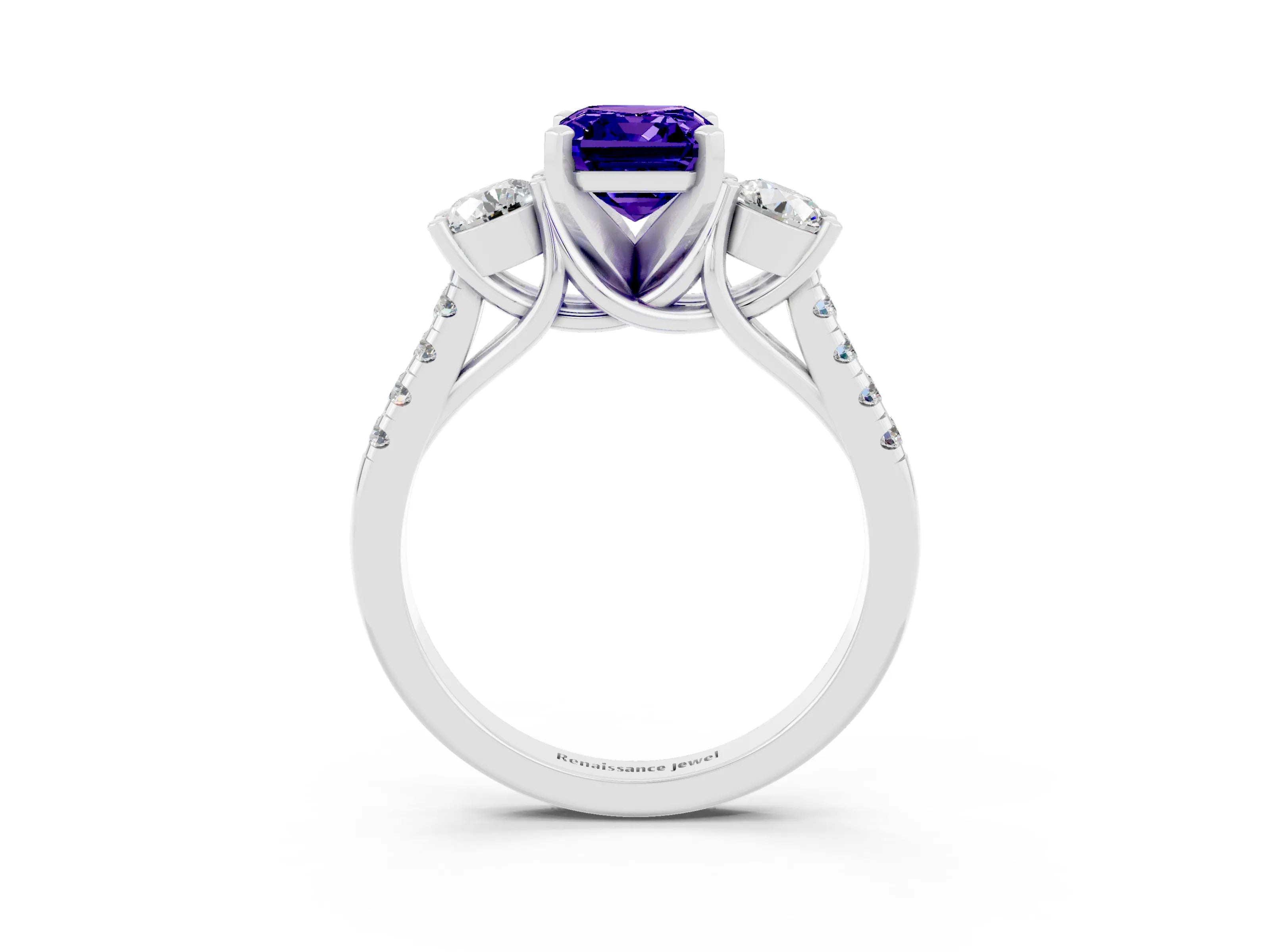 White gold Three-Stone Emerald Cut Tanzanite Pavé Band with Four-Prong Setting_3