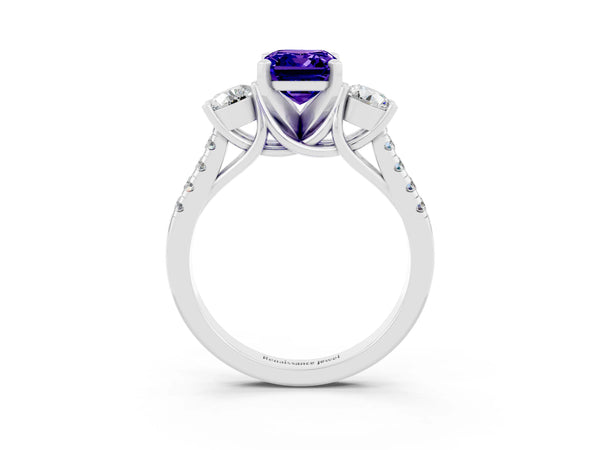 White gold Three-Stone Emerald Cut Tanzanite Pavé Band with Four-Prong Setting