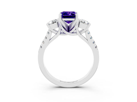 White gold Three-Stone Emerald Cut Tanzanite Pavé Band with Four-Prong Setting_3