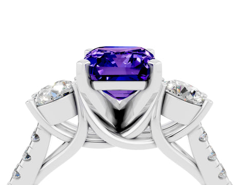 White gold Three-Stone Emerald Cut Tanzanite Pavé Band with Four-Prong Setting_4