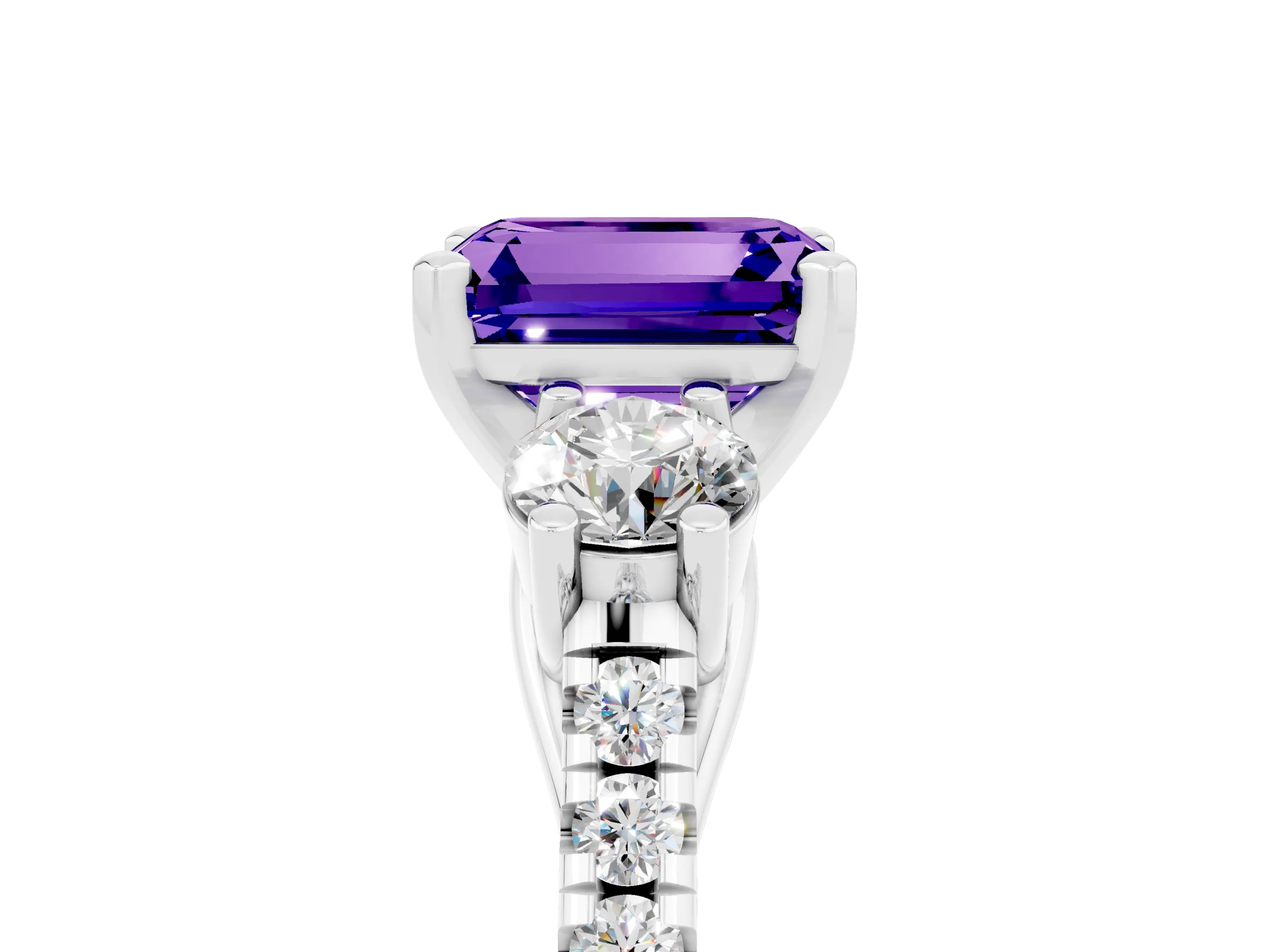 White gold Three-Stone Emerald Cut Tanzanite Pavé Band with Four-Prong Setting_5