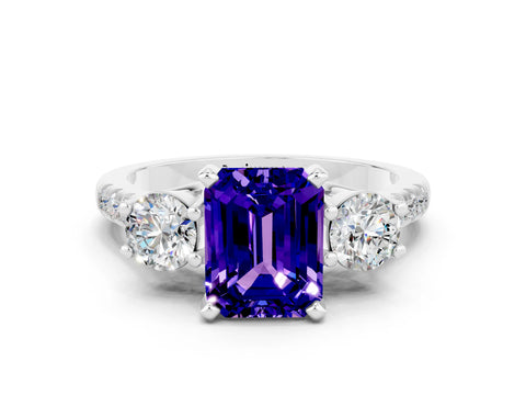 White gold Three-Stone Emerald Cut Tanzanite Pavé Band with Four-Prong Setting