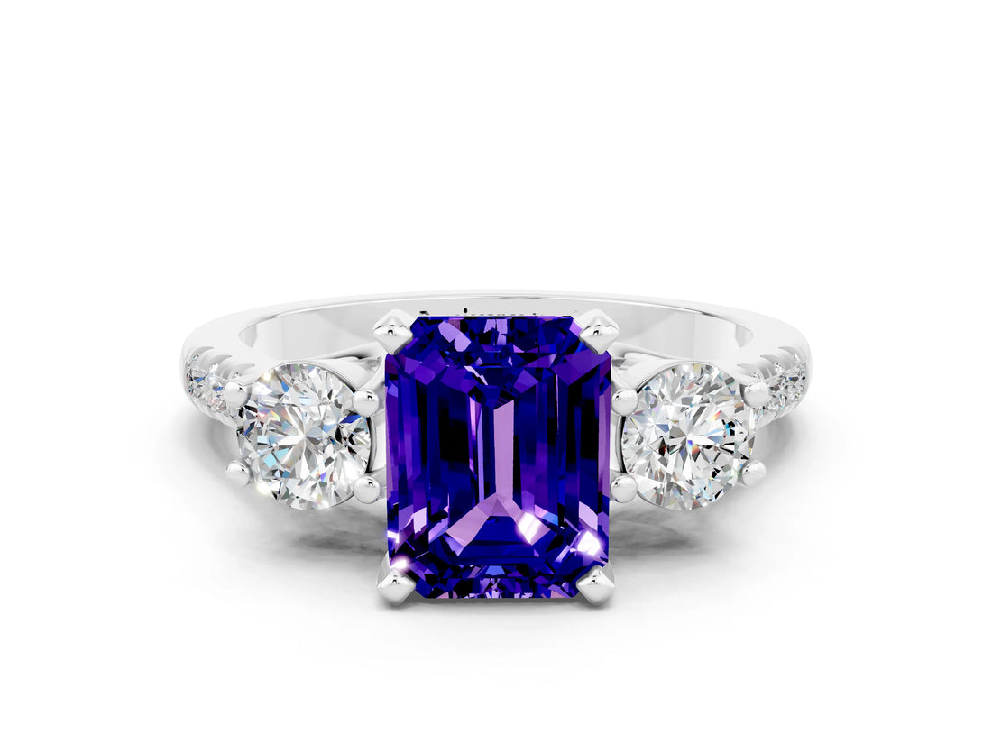 White gold Three-Stone Emerald Cut Tanzanite Pavé Band with Four-Prong Setting