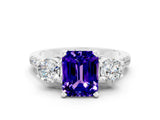 White gold Three-Stone Emerald Cut Tanzanite Pavé Band with Four-Prong Setting