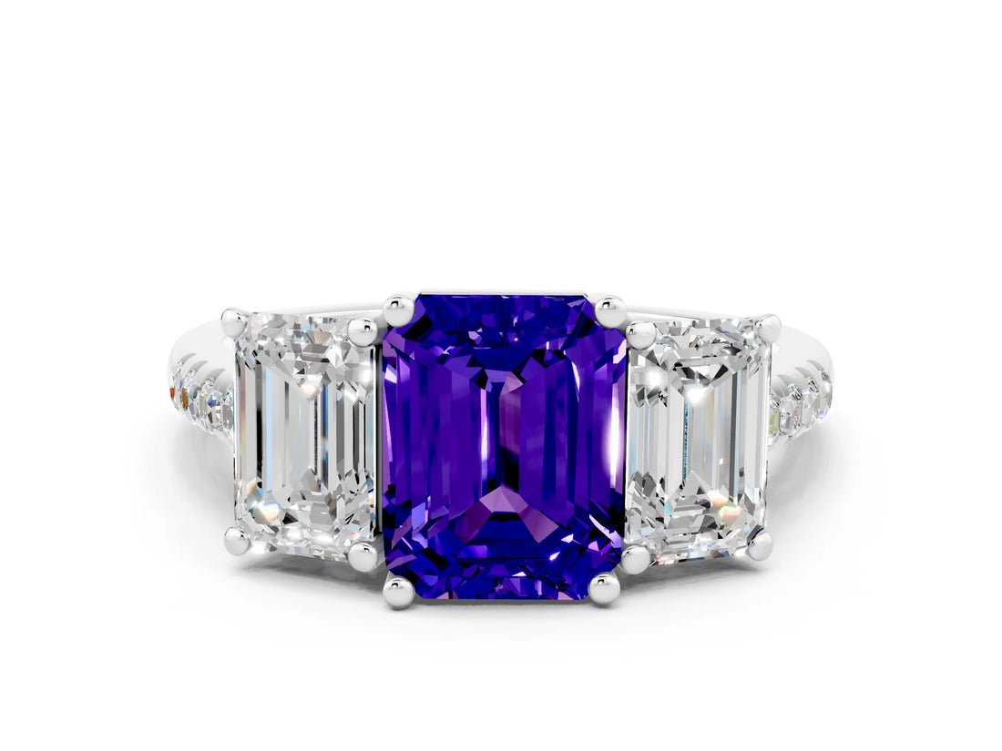 White gold Three-Stone Emerald Cut Tanzanite Ring with Pavé Band and Prong Setting_12