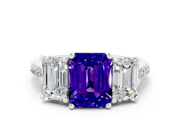 Silver Three-Stone Emerald Cut Tanzanite Ring with Round  Pavé Band and Prong Setting