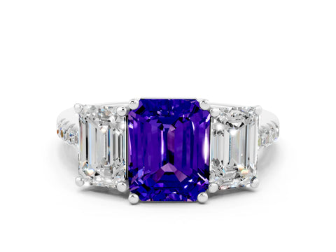 White gold Three-Stone Emerald Cut Tanzanite Ring with Pavé Band and Prong Setting_12