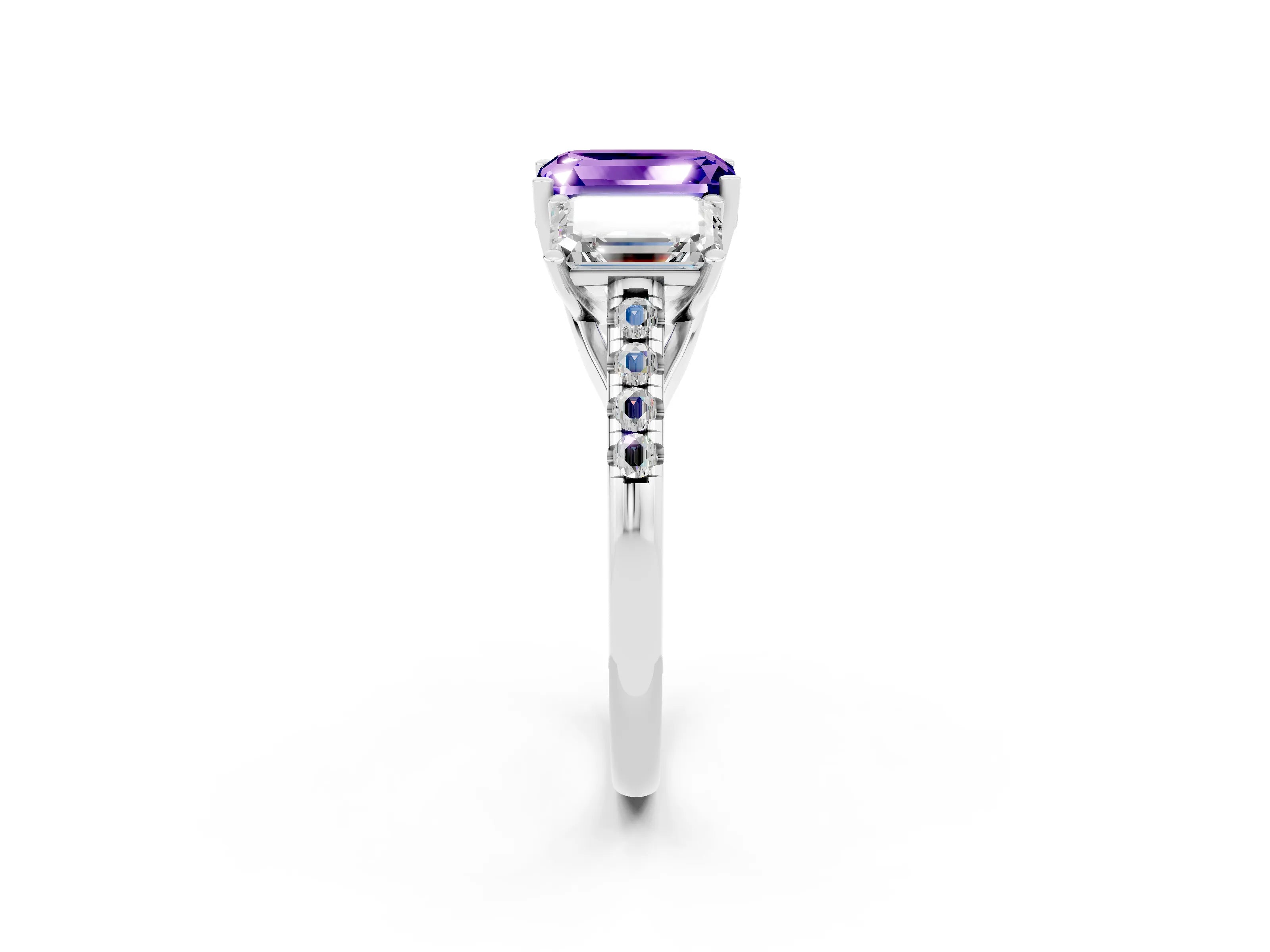 White gold Three-Stone Emerald Cut Tanzanite Ring with Pavé Band and Prong Setting_14
