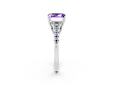 White gold Three-Stone Emerald Cut Tanzanite Ring with Pavé Band and Prong Setting_14