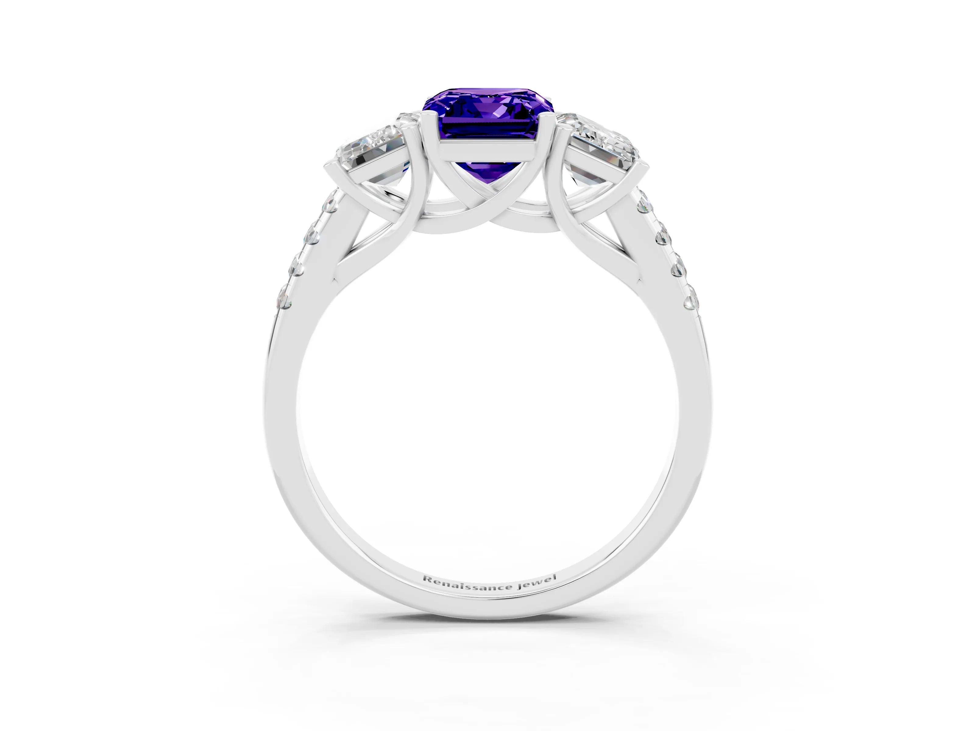 White gold Three-Stone Emerald Cut Tanzanite Ring with Pavé Band and Prong Setting_15