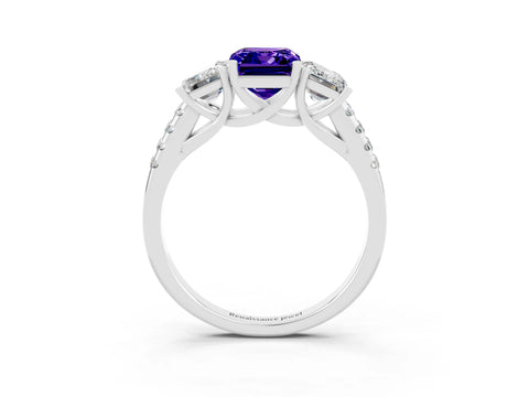 White gold Three-Stone Emerald Cut Tanzanite Ring with Pavé Band and Prong Setting_15