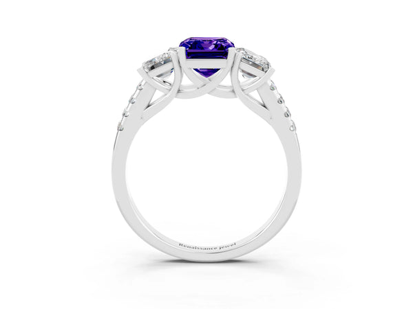 White gold Three-Stone Emerald Cut Tanzanite Ring with Round  Pavé Band and Prong Setting