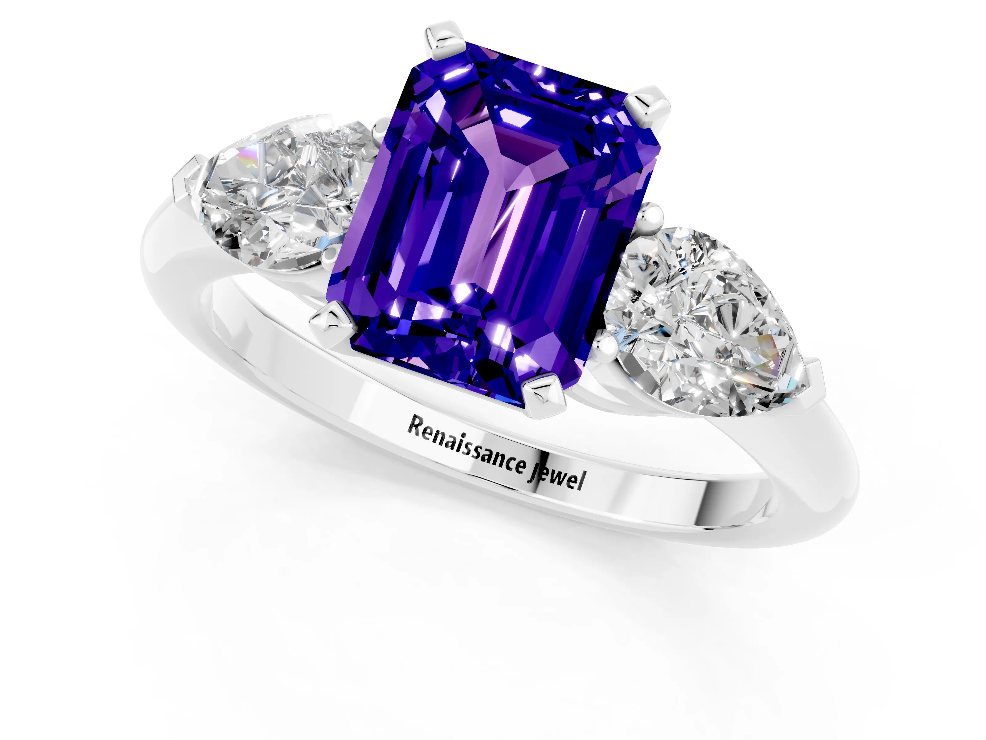 White gold Three-Stone Emerald Cut Tanzanite Ring with Pear Side Stones and Four-Prong Setting_1
