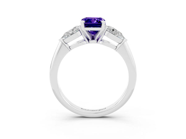 Platinum Three-Stone Emerald Cut Tanzanite Ring with Pear Side Stones and Four-Prong Setting