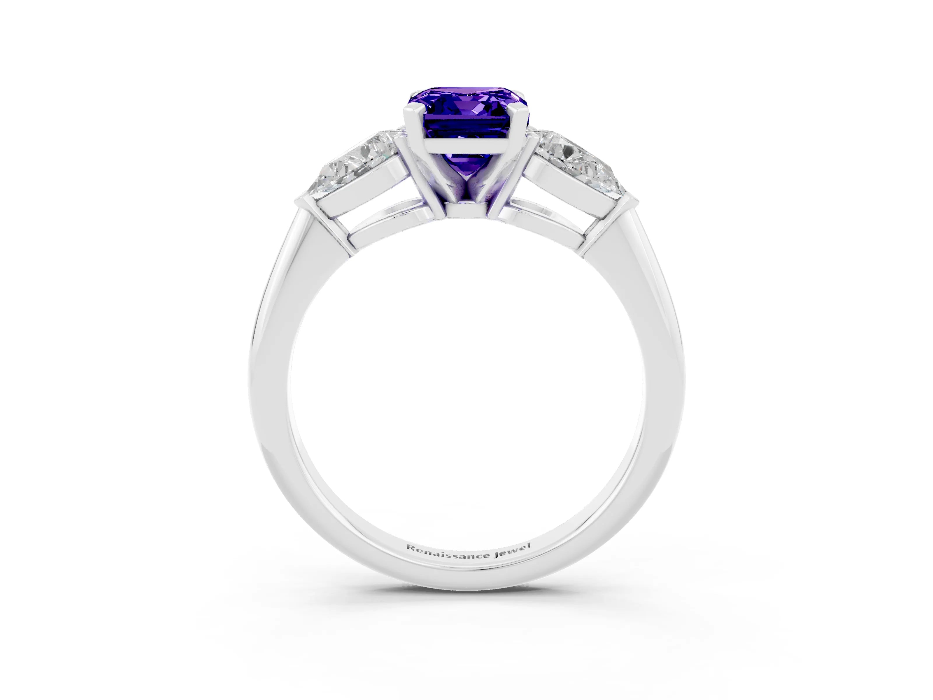 White gold Three-Stone Emerald Cut Tanzanite Ring with Pear Side Stones and Four-Prong Setting_3