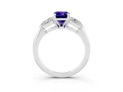 White gold Three-Stone Emerald Cut Tanzanite Ring with Pear Side Stones and Four-Prong Setting_3