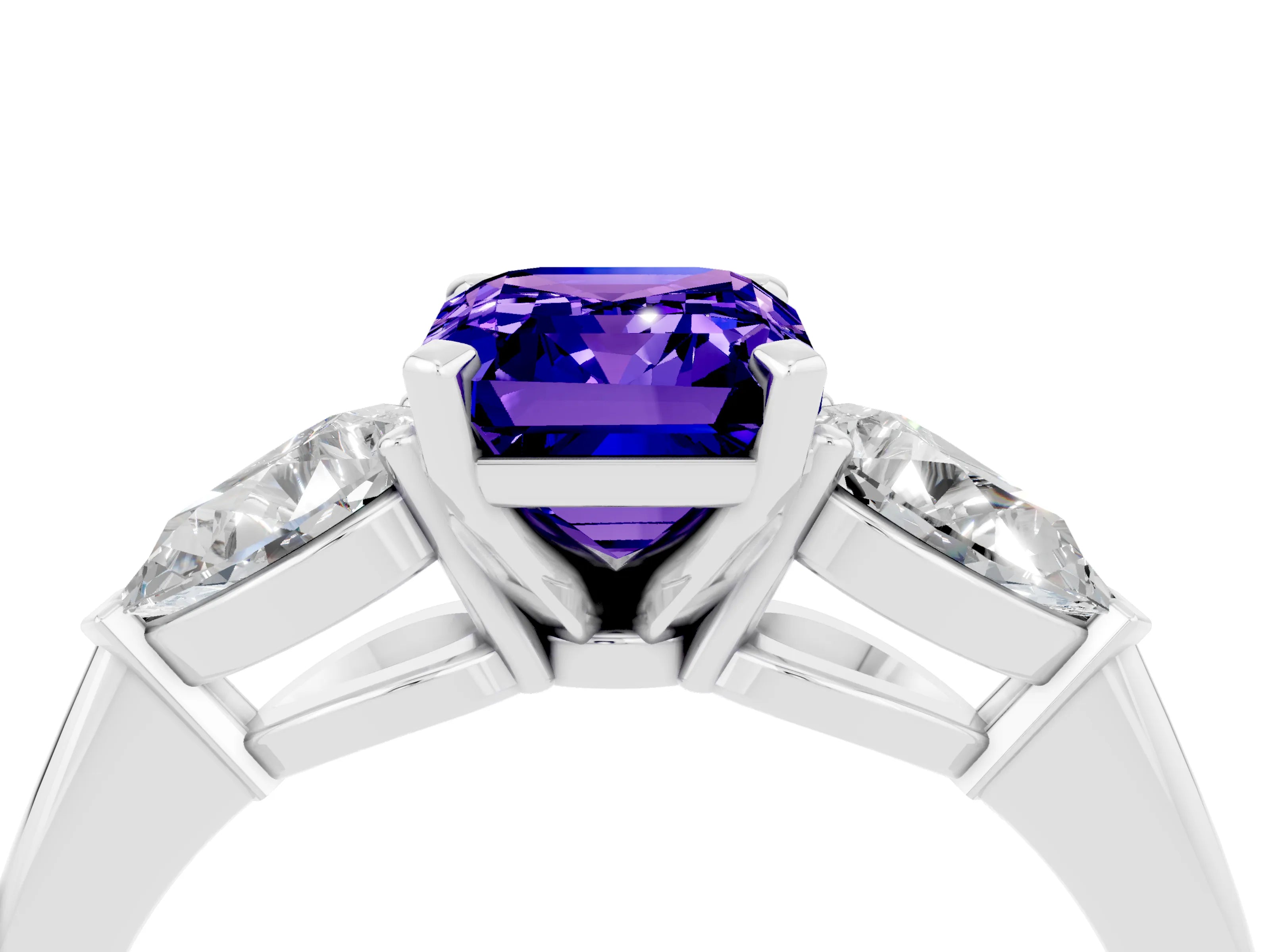 White gold Three-Stone Emerald Cut Tanzanite Ring with Pear Side Stones and Four-Prong Setting_4