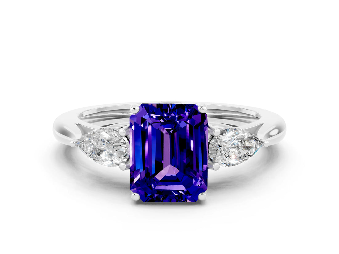 White gold Three-Stone Emerald Cut Tanzanite Ring with Pear  Side Stones in Four-Prong Setting_12