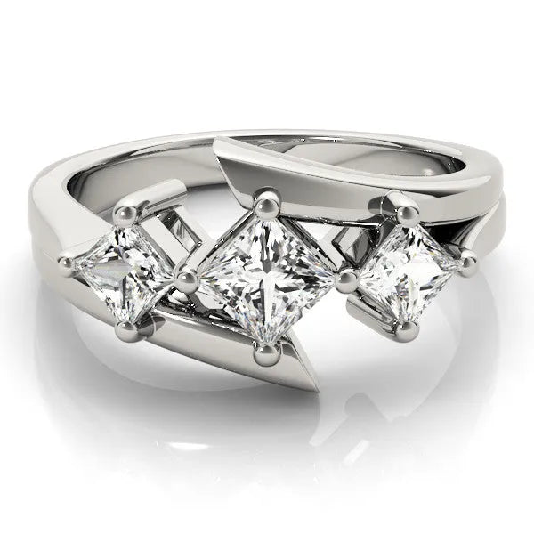 White gold Three-Stone Emerald Cut Tension Band Ring with Four-Prong Setting