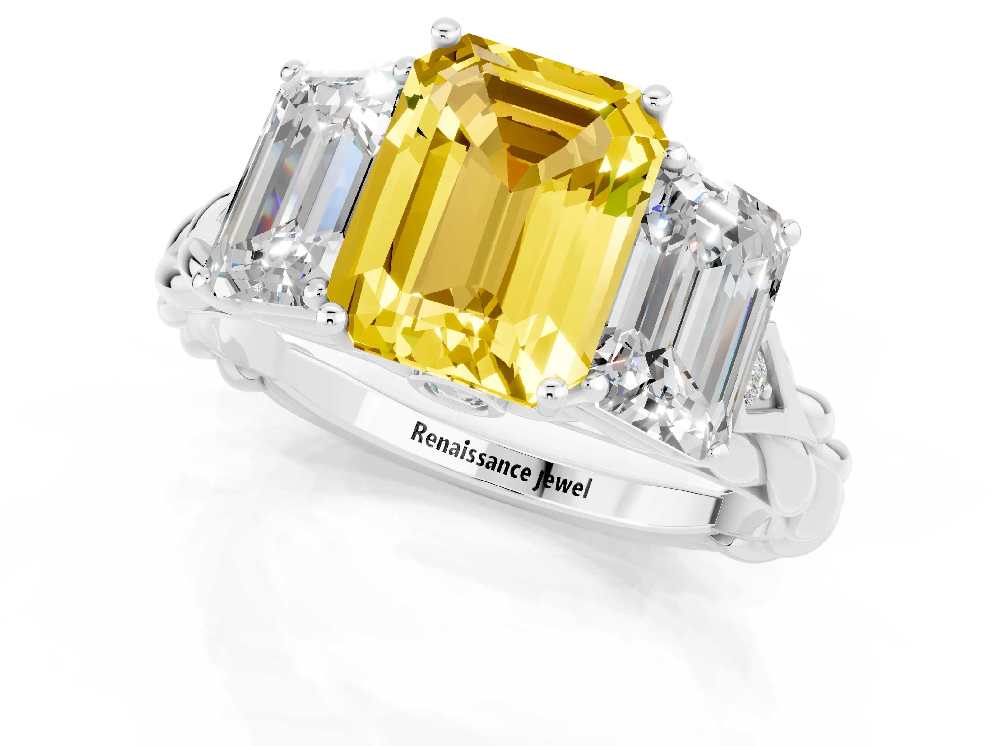White gold Three-Stone Emerald Cut Yellow Sapphire Braided Band Ring with Four-Prong Setting_61