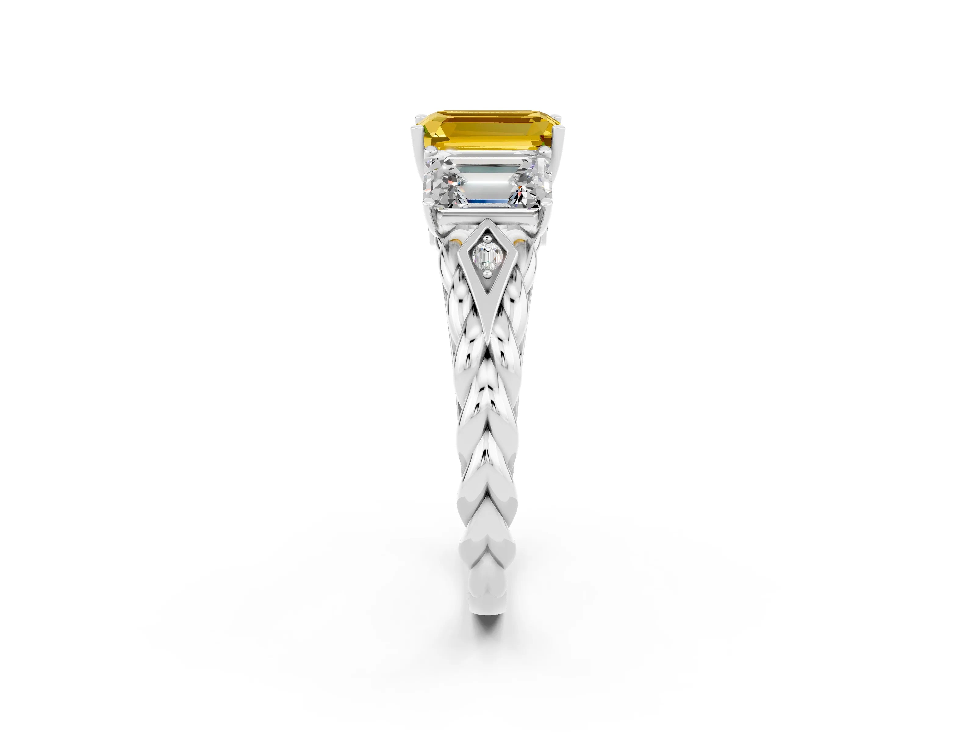 White gold Three-Stone Emerald Cut Yellow Sapphire Braided Band Ring with Four-Prong Setting_62