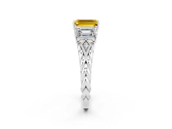 White gold Three-Stone Emerald Cut Yellow Sapphire Braided Band Ring with Four-Prong Setting