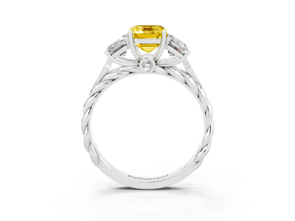 Silver Three-Stone Emerald Cut Yellow Sapphire Braided Band Ring with Four-Prong Setting