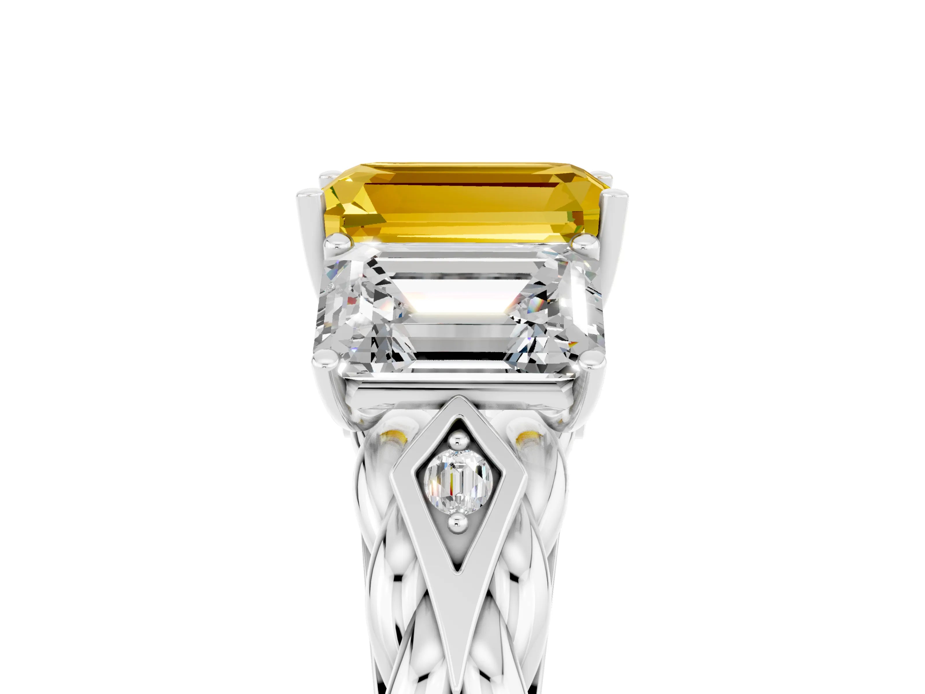 White gold Three-Stone Emerald Cut Yellow Sapphire Braided Band Ring with Four-Prong Setting_65