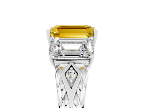 White gold Three-Stone Emerald Cut Yellow Sapphire Braided Band Ring with Four-Prong Setting_65