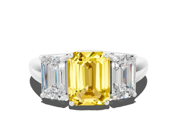 Silver Three-Stone Emerald Cut Yellow Sapphire Engagement Ring with Prong Setting