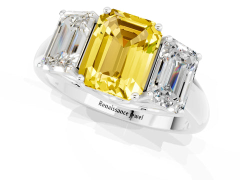 White gold Three-Stone Emerald Cut Yellow Sapphire Engagement Ring with Prong Setting_37