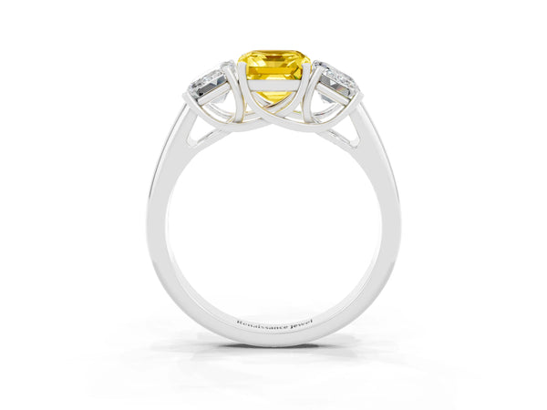 Silver Three-Stone Emerald Cut Yellow Sapphire Engagement Ring with Prong Setting