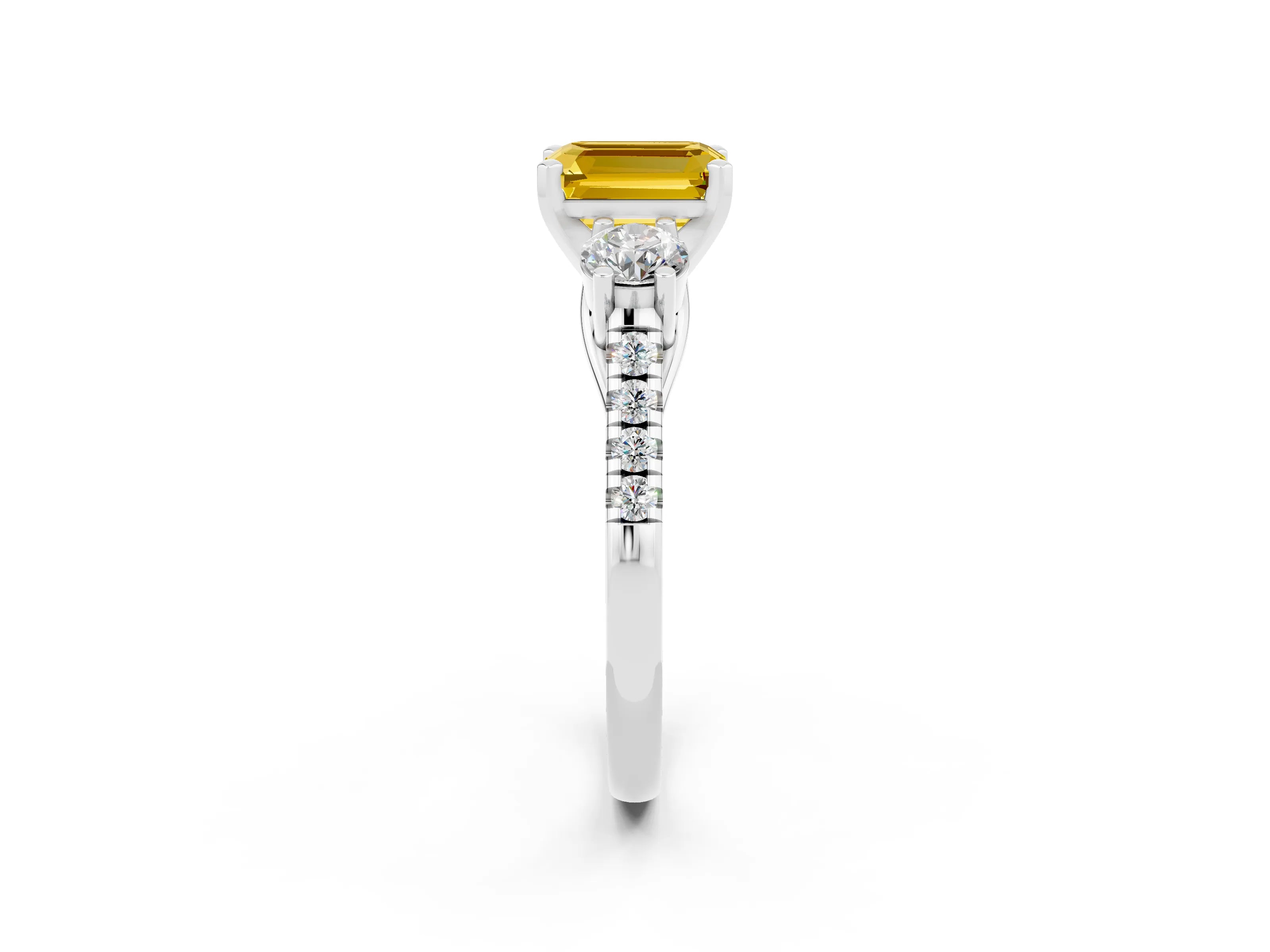 White gold Three-Stone Emerald Cut Yellow Sapphire Pavé Band with Four-Prong Setting_26