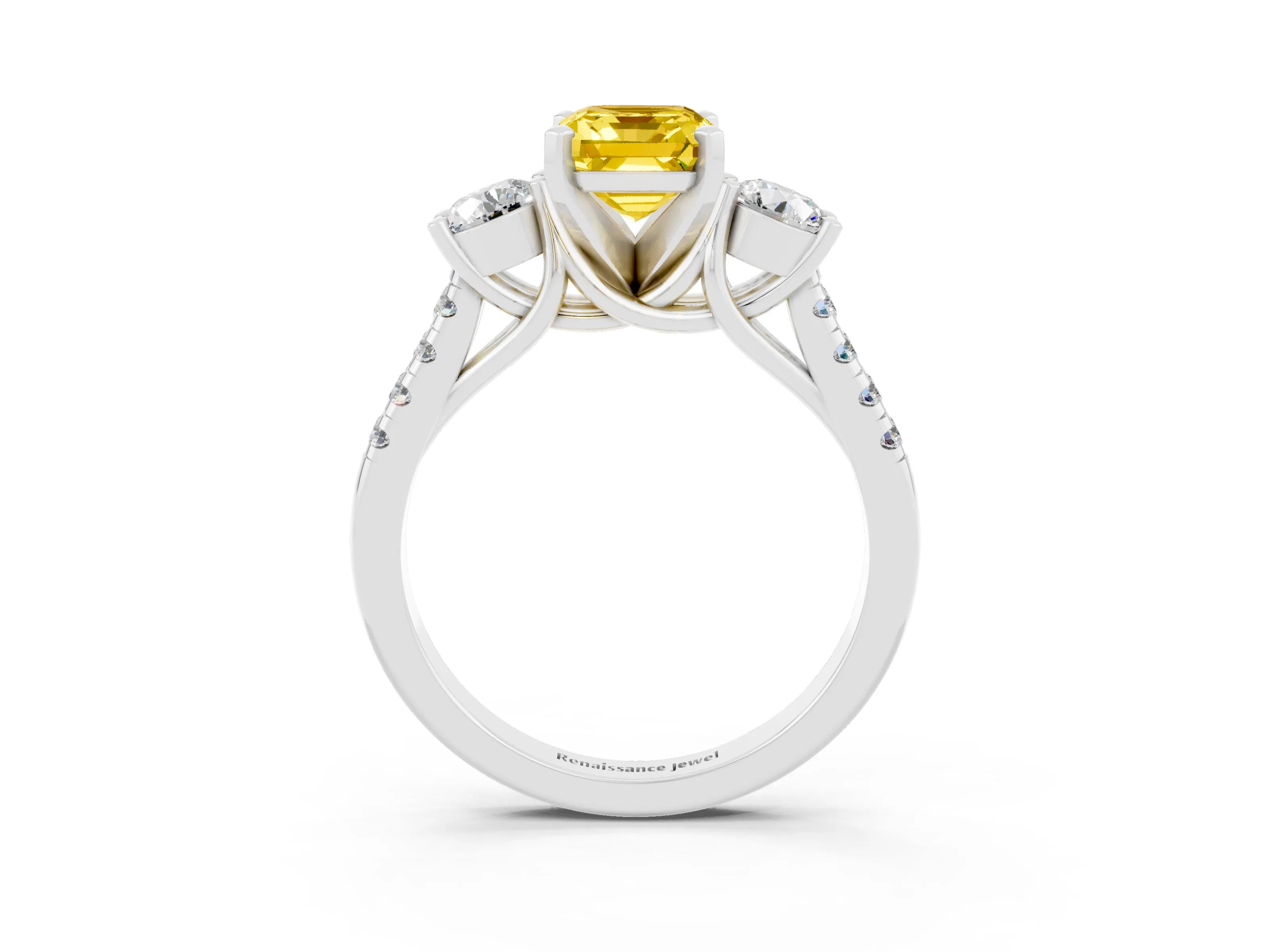 White gold Three-Stone Emerald Cut Yellow Sapphire Pavé Band with Four-Prong Setting_27