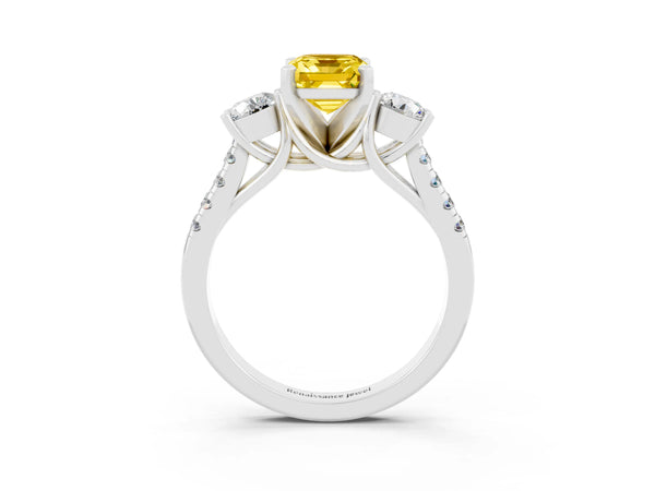 White gold Three-Stone Emerald Cut Yellow Sapphire Pavé Band with Four-Prong Setting