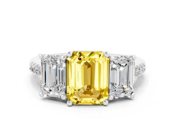Platinum Three-Stone Emerald Cut Yellow Sapphire Ring with Round  Pavé Band and Prong Setting