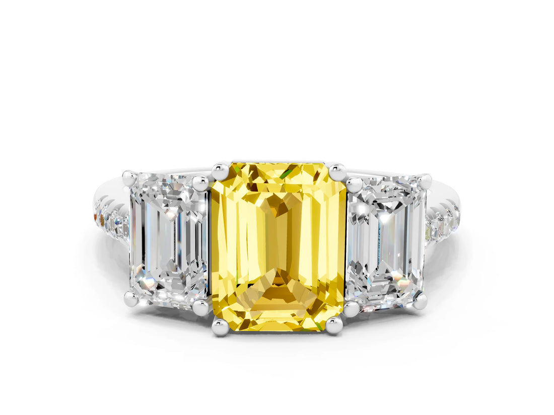 White gold Three-Stone Emerald Cut Yellow Sapphire Ring with Pavé Band and Prong Setting_36