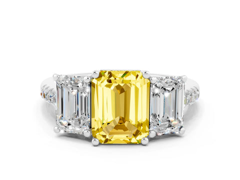 White gold Three-Stone Emerald Cut Yellow Sapphire Ring with Pavé Band and Prong Setting_36