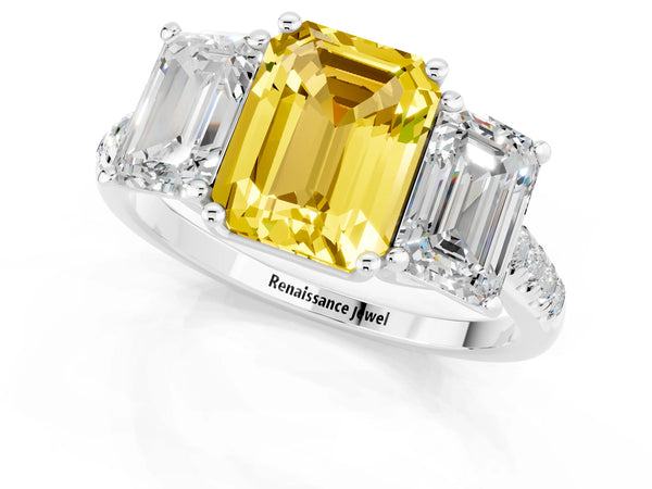 Platinum Three-Stone Emerald Cut Yellow Sapphire Ring with Round  Pavé Band and Prong Setting